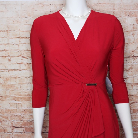 Emma & Michelle | Red Gathered Surplice Dress - Picture 7 of 13